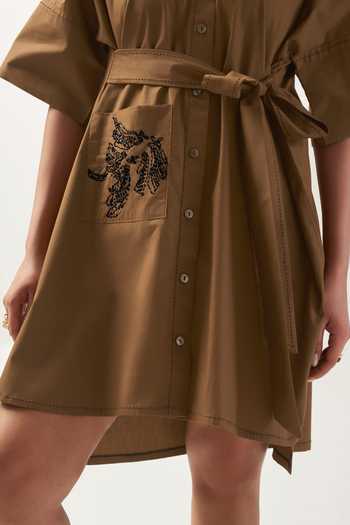 Shop_Savaaya_Brown Cotton, Poplin Button-down Neck The Terra Handwork Tie-up Dress _Online_at_Aza_Fashions