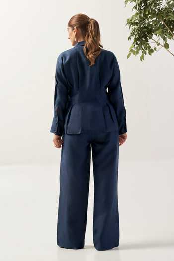 Shop_Savaaya_Blue Linen V-, Collared Celestial Handwork Shirt And Pant Co-ord Set _at_Aza_Fashions