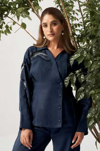 Savaaya_Blue Linen V-, Collared Celestial Handwork Shirt And Pant Co-ord Set _at_Aza_Fashions