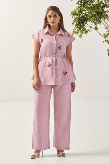 Buy_Savaaya_Pink Linen Collared Neck Handwork Petal Shirt And Pant Co-ord Set _at_Aza_Fashions