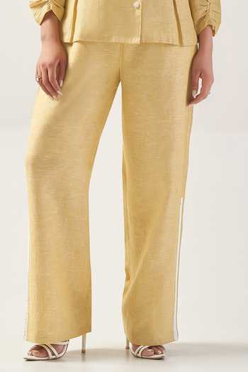 Savaaya_Yellow Linen Shawl Neck Sunline Wrap Shirt And Pant Co-ord Set _Online_at_Aza_Fashions