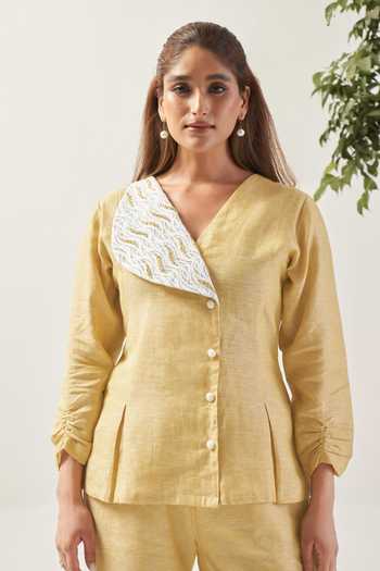 Buy_Savaaya_Yellow Linen Shawl Neck Sunline Wrap Shirt And Pant Co-ord Set _Online_at_Aza_Fashions