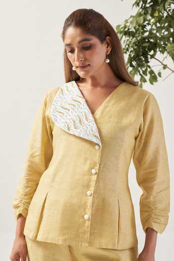 Shop_Savaaya_Yellow Linen Shawl Neck Sunline Wrap Shirt And Pant Co-ord Set _Online_at_Aza_Fashions