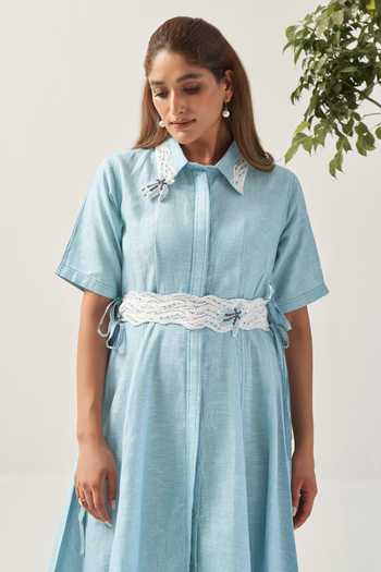 Savaaya_Blue Linen Collared Neck The Ariel Dress With Schiffli Belt _Online_at_Aza_Fashions