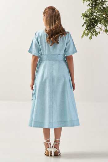 Shop_Savaaya_Blue Linen Collared Neck The Ariel Dress With Schiffli Belt _at_Aza_Fashions