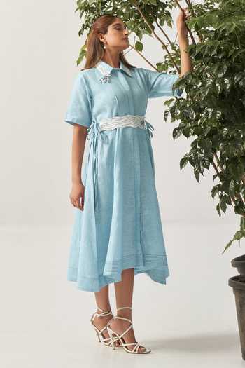Savaaya_Blue Linen Collared Neck The Ariel Dress With Schiffli Belt _at_Aza_Fashions