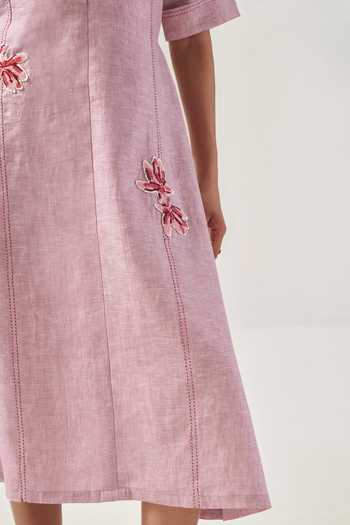 Savaaya_Pink Linen V-, Shawl The Rose Flower Patches Dress _Online_at_Aza_Fashions