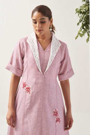 Buy_Savaaya_Pink Linen V-, Shawl The Rose Flower Patches Dress _Online_at_Aza_Fashions