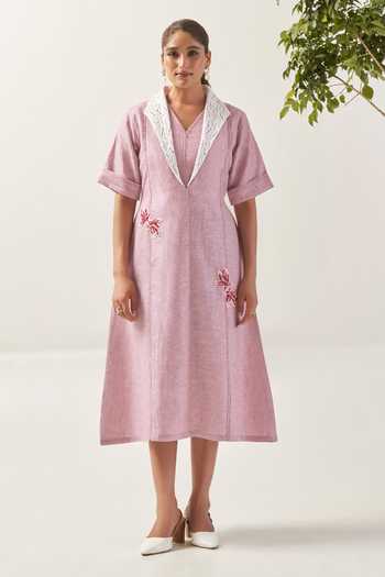 Shop_Savaaya_Pink Linen V-, Shawl The Rose Flower Patches Dress _Online_at_Aza_Fashions