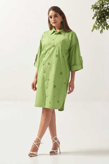 Savaaya_Green Cotton, Poplin Collared Neck Citron Wrap Style Handwork Dress _Online_at_Aza_Fashions