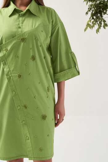 Buy_Savaaya_Green Cotton, Poplin Collared Neck Citron Wrap Style Handwork Dress _Online_at_Aza_Fashions