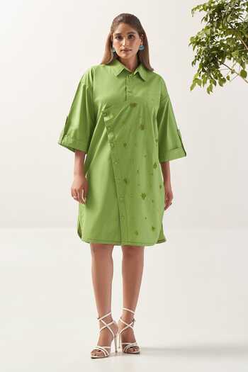 Buy_Savaaya_Green Cotton, Poplin Collared Neck Citron Wrap Style Handwork Dress _at_Aza_Fashions