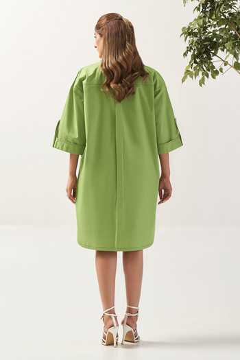 Shop_Savaaya_Green Cotton, Poplin Collared Neck Citron Wrap Style Handwork Dress _at_Aza_Fashions