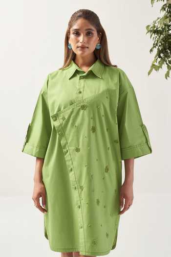 Shop_Savaaya_Green Cotton, Poplin Collared Neck Citron Wrap Style Handwork Dress _Online_at_Aza_Fashions
