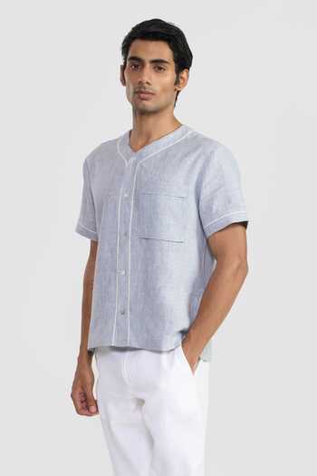 Buy_Perona_Blue Linen, Cotton Shirt _Online_at_Aza_Fashions