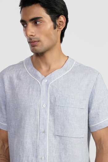 Shop_Perona_Blue Linen, Cotton Shirt _Online_at_Aza_Fashions