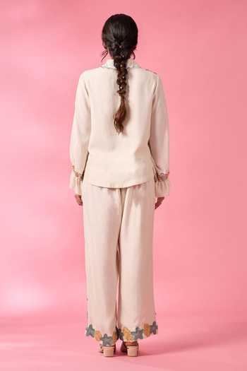 Shop_Neitri_Off White Chanderi Collared Neck Mist Shell Embroidered Shirt And Pant Co-ord Set _at_Aza_Fashions