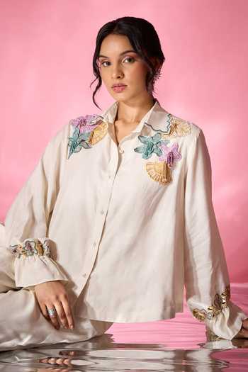Shop_Neitri_Off White Chanderi Collared Neck Mist Shell Embroidered Shirt And Pant Co-ord Set _Online_at_Aza_Fashions