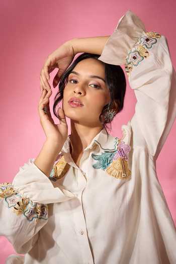 Shop_Neitri_Off White Chanderi Collared Neck Mist Shell Embroidered Shirt And Pant Co-ord Set 