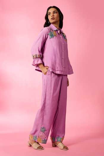 Neitri_Purple Chanderi Collared Neck, Button-down Shell Embroidered Shirt And Pant Set _Online_at_Aza_Fashions