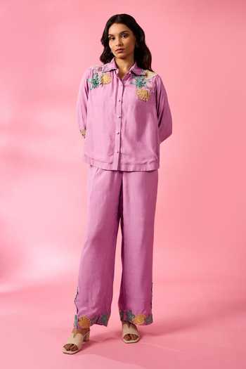Buy_Neitri_Purple Chanderi Collared Neck, Button-down Shell Embroidered Shirt And Pant Set _at_Aza_Fashions