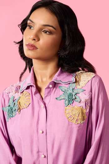 Neitri_Purple Chanderi Collared Neck, Button-down Shell Embroidered Shirt And Pant Set _at_Aza_Fashions
