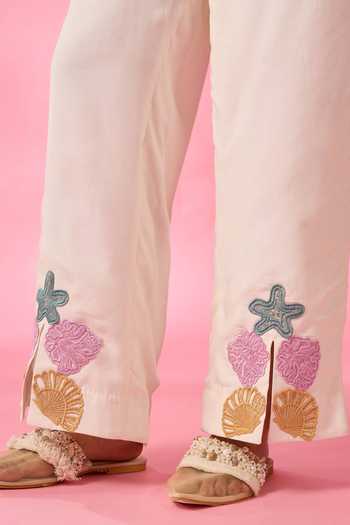 Buy_Neitri_White Silk, Chanderi V-neck Pearl Shore Embroidered Shirt And Pant Co-ord Set _Online_at_Aza_Fashions