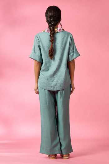 Shop_Neitri_Green Silk, Chanderi V-neck Moss Shore Embroidered Shirt And Pant Co-ord Set _at_Aza_Fashions