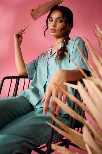 Shop_Neitri_Green Silk, Chanderi V-neck Moss Shore Embroidered Shirt And Pant Co-ord Set _Online_at_Aza_Fashions
