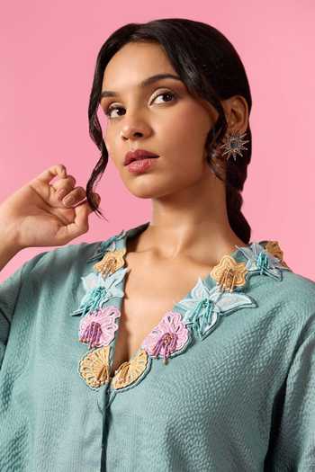 Neitri_Green Silk, Chanderi V-neck Moss Shore Embroidered Shirt And Pant Co-ord Set _Online
