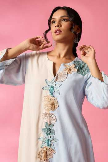 Neitri_Blue Chanderi Split V-neck, Yes Sea Flower Embroidered Kurta And Pant Set _Online_at_Aza_Fashions