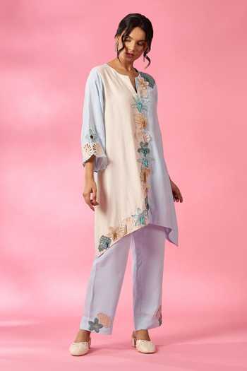 Buy_Neitri_Blue Chanderi Split V-neck, Yes Sea Flower Embroidered Kurta And Pant Set _at_Aza_Fashions