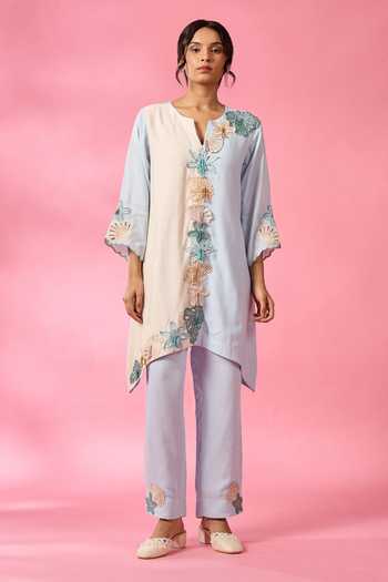 Shop_Neitri_Blue Chanderi Split V-neck, Yes Sea Flower Embroidered Kurta And Pant Set _Online_at_Aza_Fashions