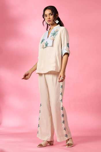 Buy_Neitri_White Chanderi Split V-neck Calm Shore Top And Pant Co-ord Set _at_Aza_Fashions