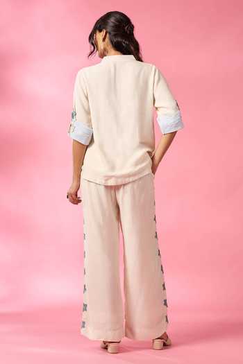 Shop_Neitri_White Chanderi Split V-neck Calm Shore Top And Pant Co-ord Set _at_Aza_Fashions