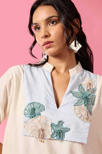 Buy_Neitri_White Chanderi Split V-neck Calm Shore Top And Pant Co-ord Set _Online_at_Aza_Fashions