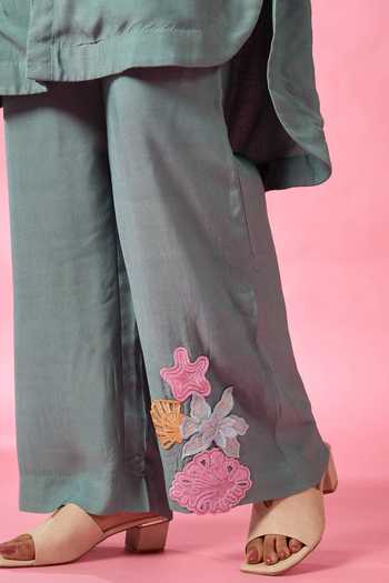 Neitri_Olive Green Chanderi Collared Neck Reef Embroidered Kurta And Pant Set _Online_at_Aza_Fashions