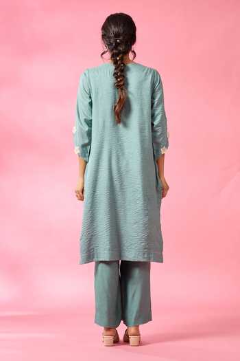 Shop_Neitri_Olive Green Chanderi Collared Neck Reef Embroidered Kurta And Pant Set _at_Aza_Fashions