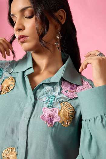 Shop_Neitri_Olive Green Chanderi Collared Neck Reef Embroidered Kurta And Pant Set _Online_at_Aza_Fashions