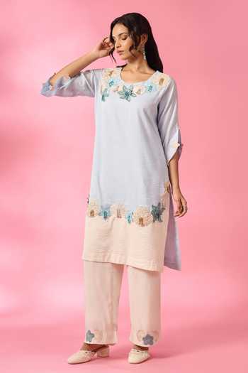 Shop_Neitri_Blue Silk, Chanderi Scoop Neck Jelly Bloom Kurta And Pant Set _Online_at_Aza_Fashions