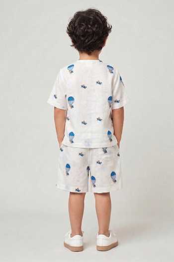 Shop_MR Brat_White Cotton Hot Air Balloon Shirt And Shorts Co-ord Set _at_Aza_Fashions