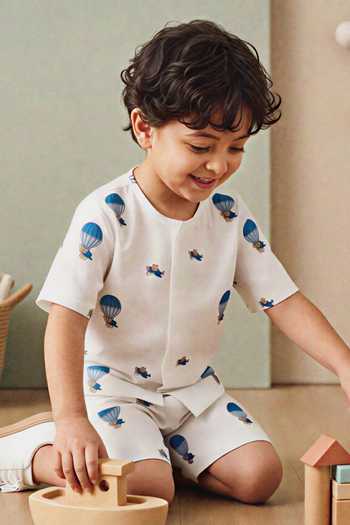 MR Brat_White Cotton Hot Air Balloon Shirt And Shorts Co-ord Set _Online_at_Aza_Fashions