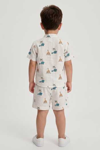 Shop_MR Brat_White Cotton Jungle Safari Shirt And Shorts Co-ord Set _at_Aza_Fashions