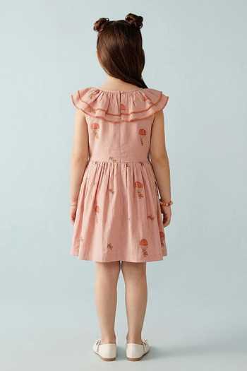 Shop_MR Brat_Peach Cotton Hot Air Balloon Print Ruffle Collar Dress _at_Aza_Fashions