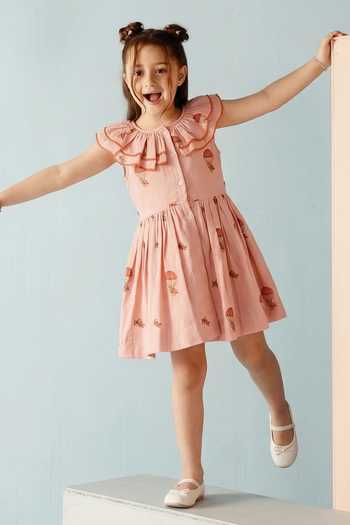 Buy_MR Brat_Peach Cotton Hot Air Balloon Print Ruffle Collar Dress _at_Aza_Fashions
