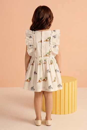 Shop_MR Brat_White Cotton Lion Safari Print Bow Dress _at_Aza_Fashions