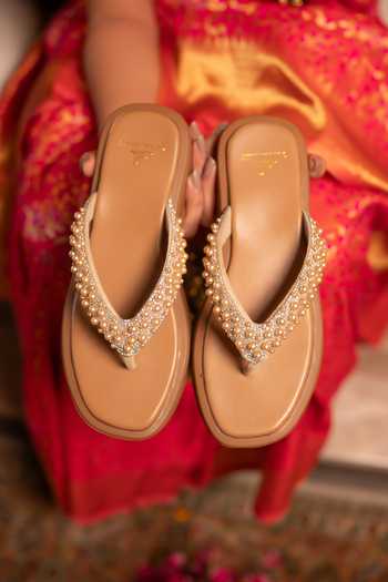 Coral Haze_Gold Nori Rhinestone And Pearl Strap Sliders _Online_at_Aza_Fashions