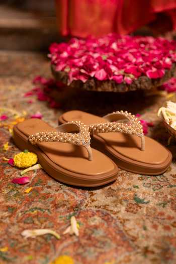 Buy_Coral Haze_Gold Nori Rhinestone And Pearl Strap Sliders _Online_at_Aza_Fashions