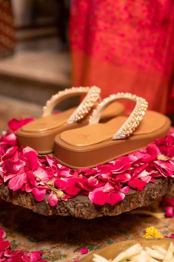 Shop_Coral Haze_Gold Nori Rhinestone And Pearl Strap Sliders _at_Aza_Fashions