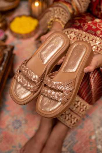 Buy_Coral Haze_Rose Gold Holly Double Braided Strap Sliders _Online_at_Aza_Fashions